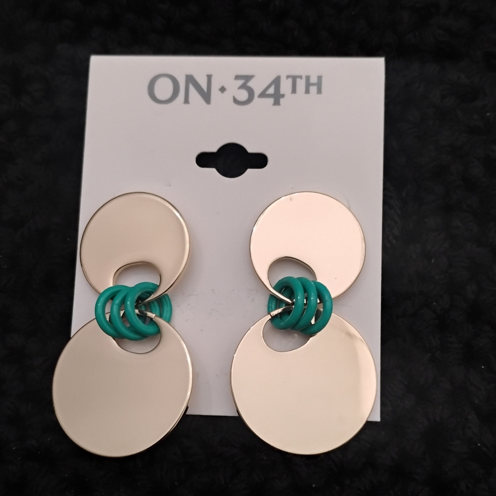 ON 34th Gold-Tone Disc & Blue-Green Color Ring Drop Earrings NWT